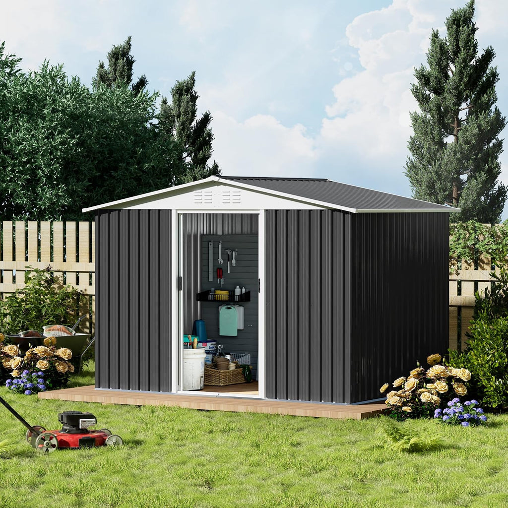 8x6 FT Large Outdoor Storage Shed, Galvanized Tool Shed, Metal Garden Shed with Apex Roof & Lockable Door, Waterproof Rust-Resistant for Patio Furniture Lawnmower Bike