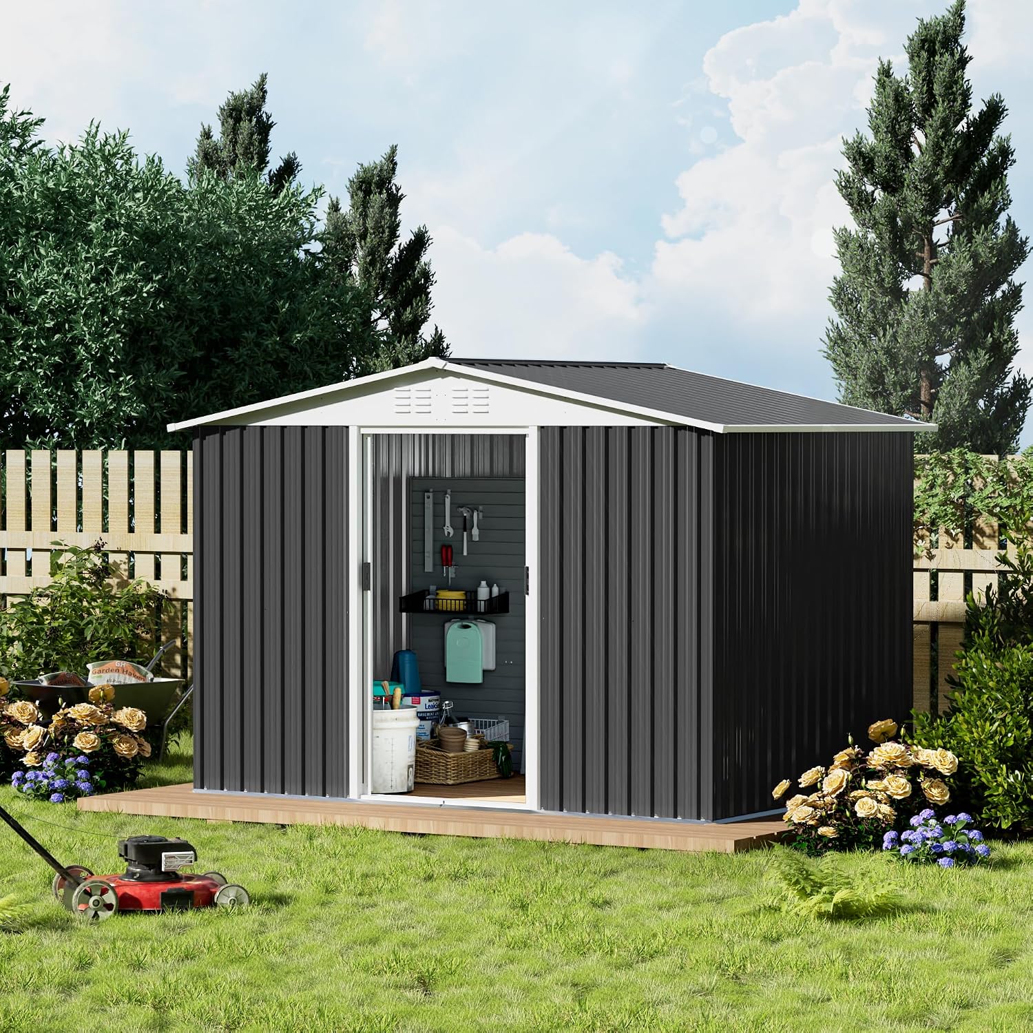 8x6 FT Large Outdoor Storage Shed, Galvanized Tool Shed, Metal Garden Shed with Apex Roof & Lockable Door, Waterproof Rust-Resistant for Patio Furniture Lawnmower Bike