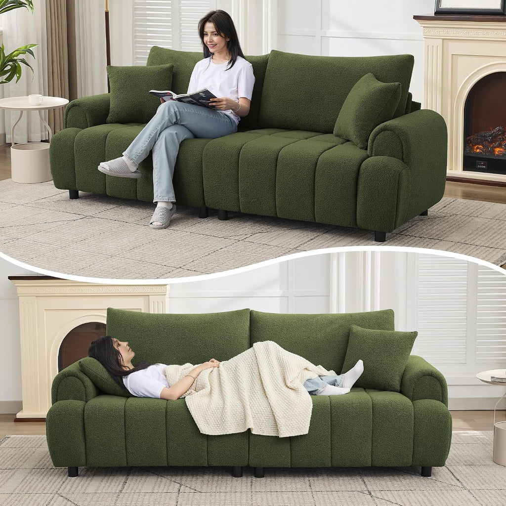 88 'Modern Boucle Sofa Couch, Oversized Comfy 3 Seater Sherpa Curved Sofas Deep Seat, Upholstered Loveseat Teddy Round Arm Couches for Living Room, Bedroom, Green