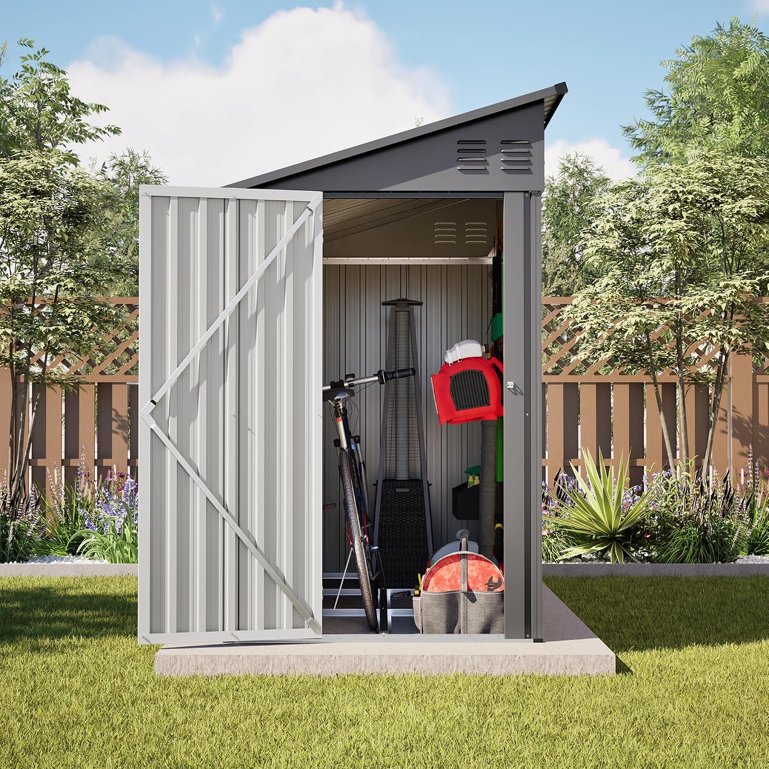 YOPTO 4×8 FT Lean to Metal Shed,Outdoor Heavy-Duty Storage Shed with Floor Base,All Weather Waterproof Garden Tool House W/Lockable Door&2 Air Vents,Reversible Door Design,for Backyard,Patio,Lawn,Gray