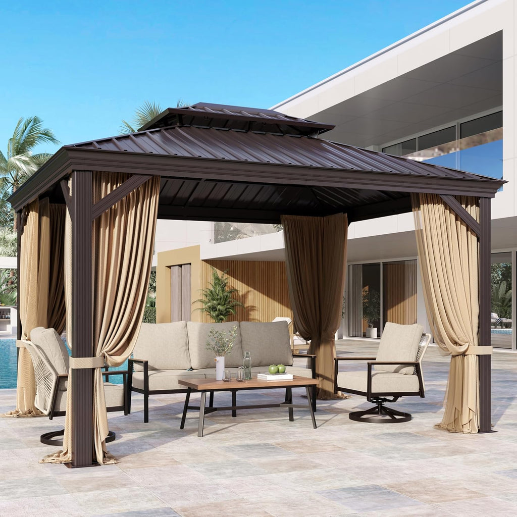 MIXPATIO 10'x12' Hardtop Gazebo, Outdoor Aluminum Frame Galvanized Steel Double Roof Pavilion with Netting and Shaded Curtains, Permanent Metal Pergolas for Patio, Backyard, Deck and Lawns