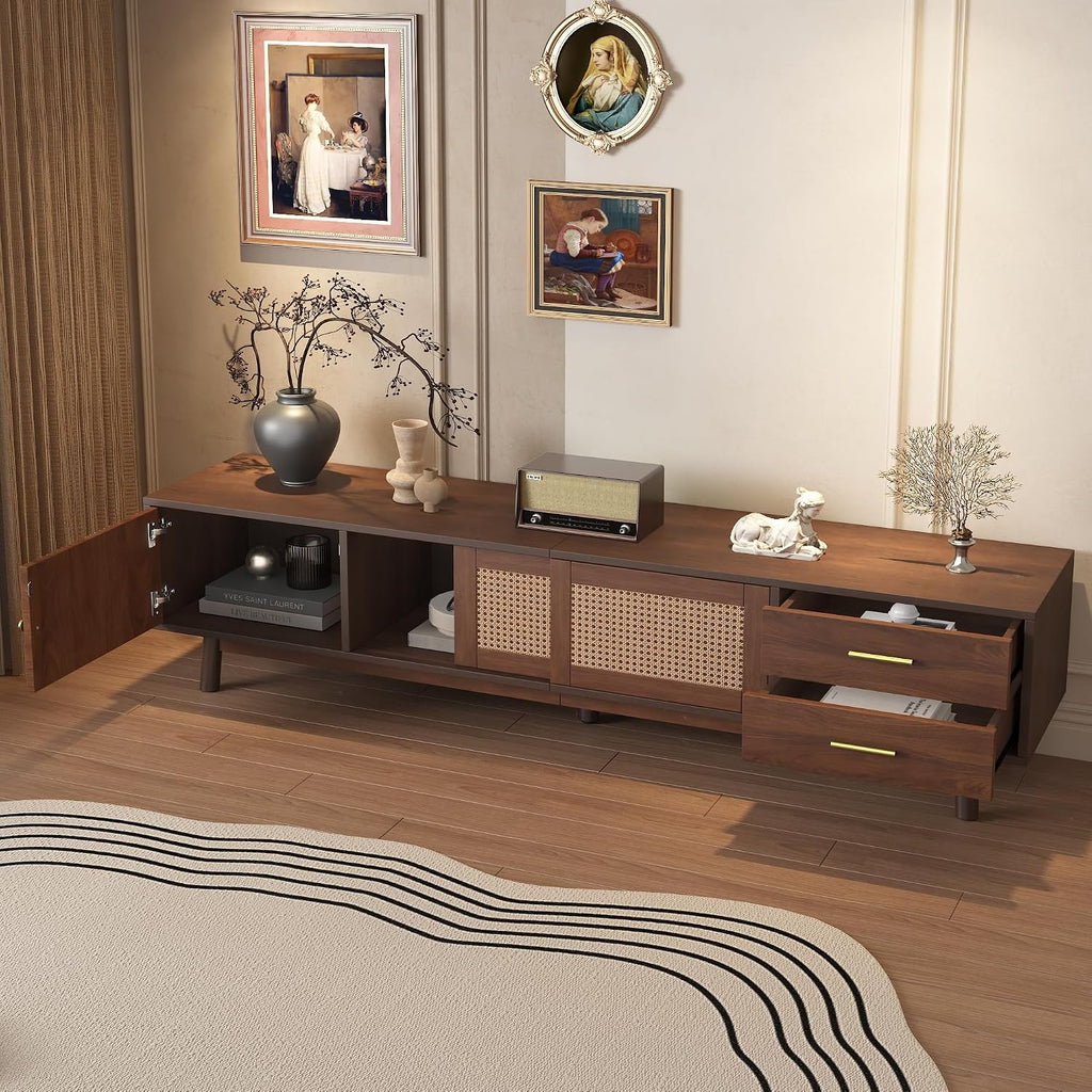 Merax 70' TV Stand with Storage for 65-75 inch TV, Fluted Wood Entertainment Center with Sliding Rattan Doors and Drawers for Living Room, Mid Century Modern Media Console