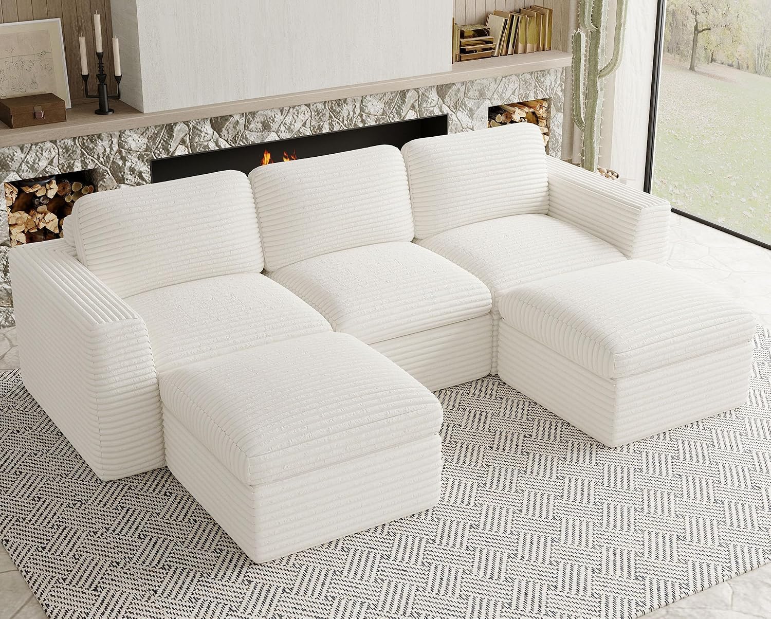 Cloud Modular Sectional Sofa with Ottoman Boneless Sectional Couches for Living Room Plush Corduroy Fabric 3-Seater U Shaped Couch.White Sofa.