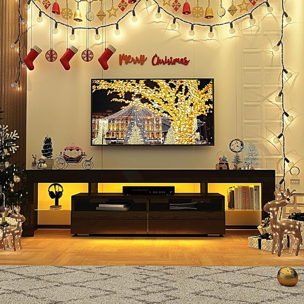 Uspeedy 70in TV Stand for 75/80 inch TV,Modern LED TV Stand for Living Room,Black TV Stands,High Gloss TV Entertainment Center with Storage Drawer,APP RGB Light,TV Console(71in Black)