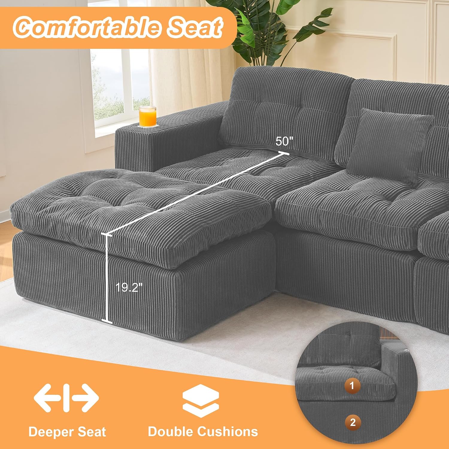108' Modular Sectional Sofa, Cloud Sectional Couch with Deep Seat, Modern Modular L-Shape Sofa Couch with Chaise,Upholstered Couches for Living Room Bedroom (Dark Gray)