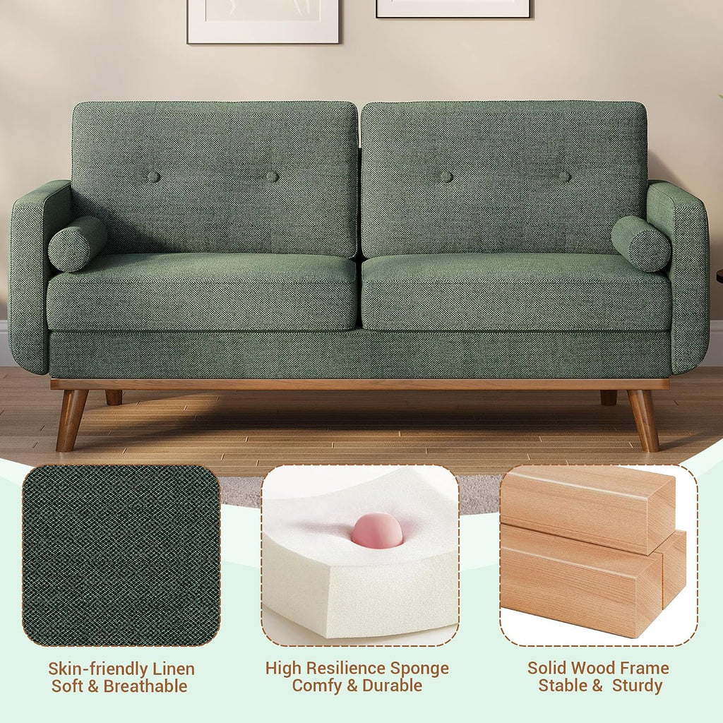 IDEALHOUSE 65' Loveseat Sofa, Mid Century Modern Love Seat Couches for Living Room, Button Tufted Sofa Couch with Wood Legs & Trim for Living Room, Bedroom, Office, Linen, Green