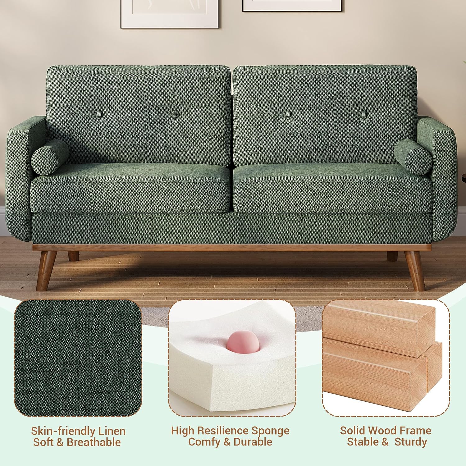 IDEALHOUSE 65' Loveseat Sofa, Mid Century Modern Love Seat Couches for Living Room, Button Tufted Sofa Couch with Wood Legs & Trim for Living Room, Bedroom, Office, Linen, Green