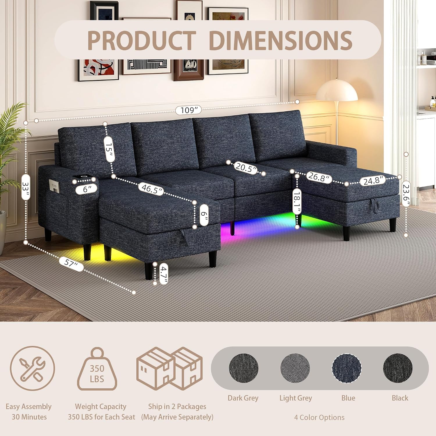 Sectional Couches for Living Room, 4 Seat Sectional Sofa with Smart Module-Wireless Charging/USB/Type-C/RGB Light, U Shaped Couch with Reversible Chaise Lounge/Storage Ottoman (Blue)