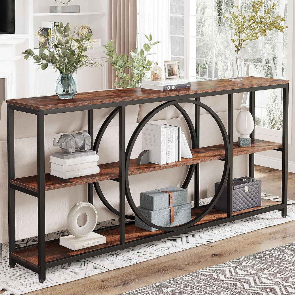 Tribesigns Extra Long Console Table, 70.9 inch Narrow Sofa Tables with 3 Tier Wood Storage Shelves Industrial Metal Frame for Entryway Hallway Living Room Behind Couch, Rustic Brown Black