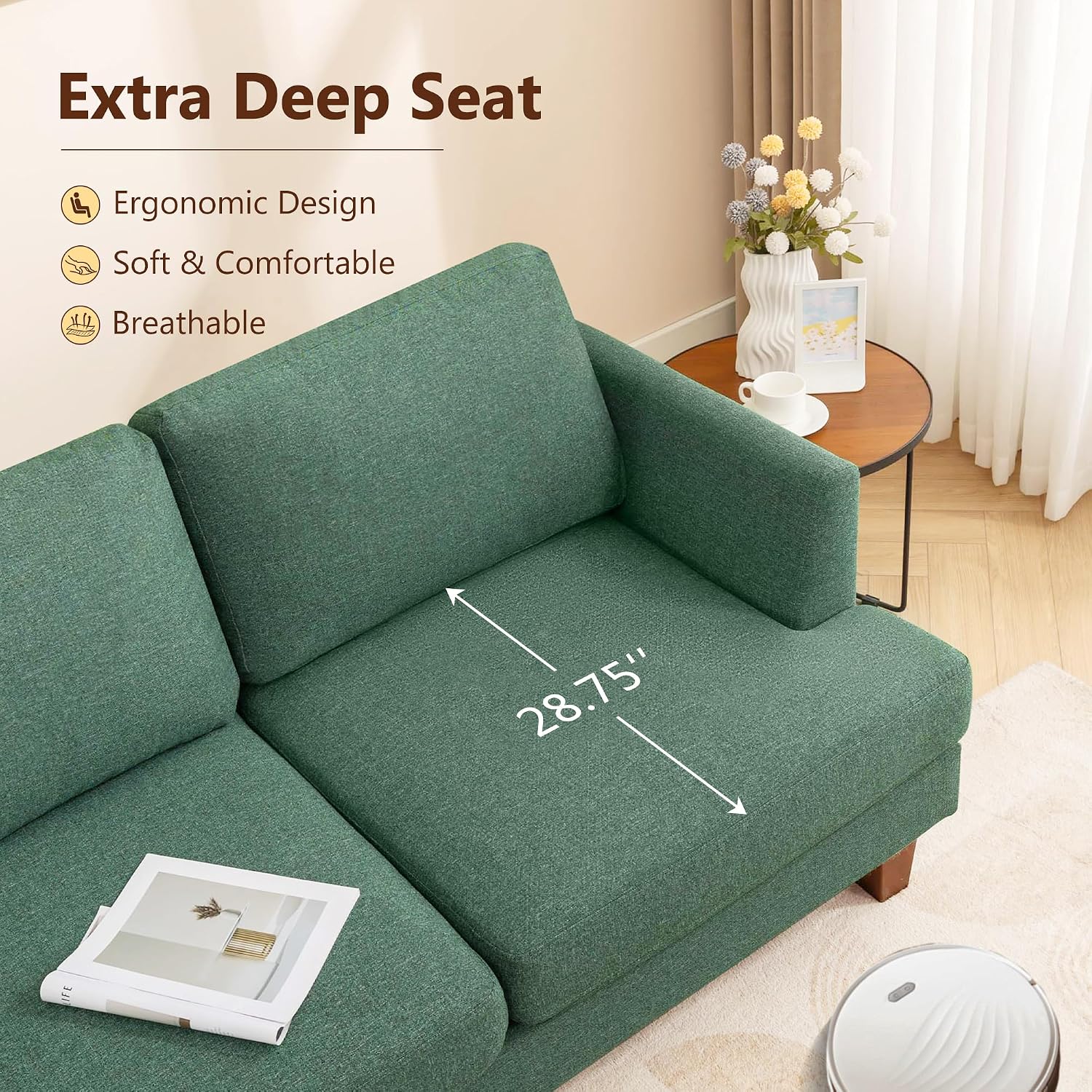 Busaurus Green 3 Seater Mid Century Modern Sofa, 89' Upholstered Couch with Deep Seats, Armrests, Comfy Furniture for Living Room