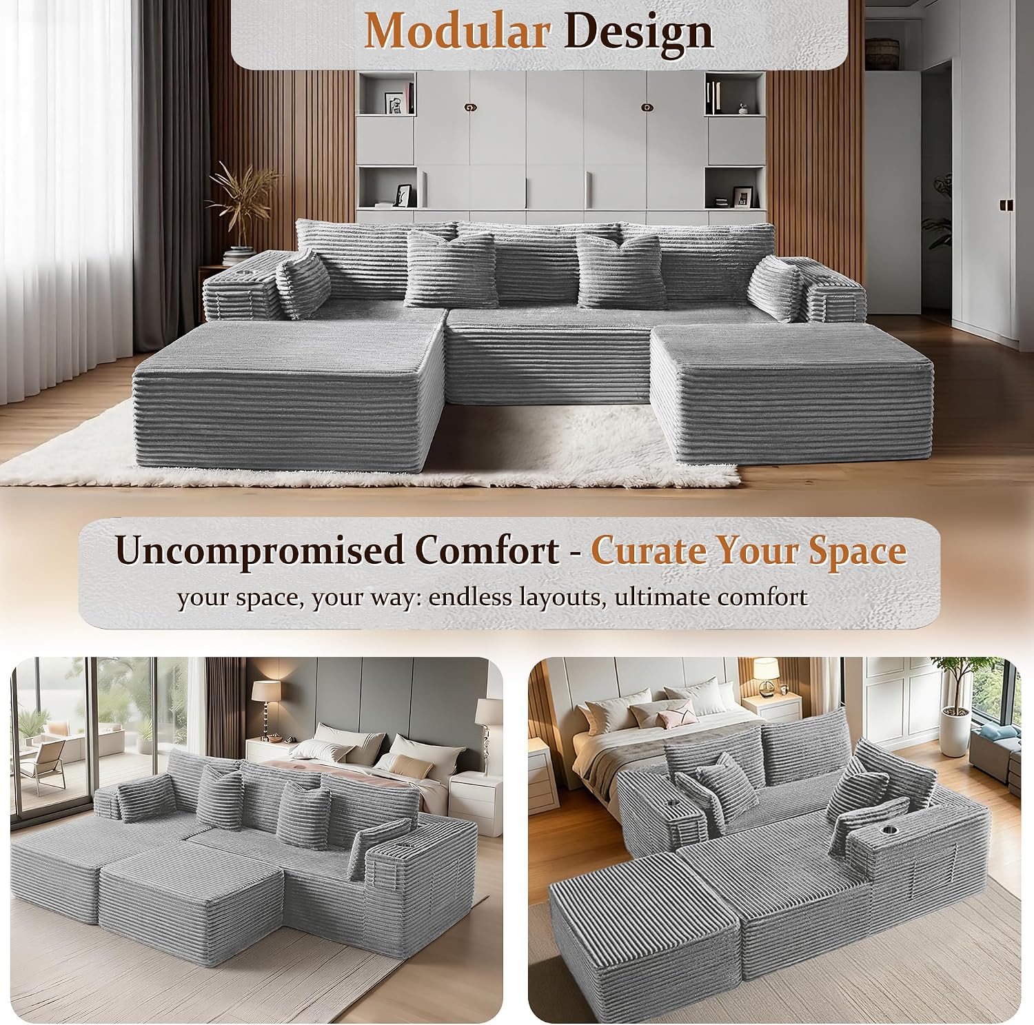 108' Cloud Sectional Couch, Comfort U Shaped Boneless Couch for Living Room, Extra Deep Seats No Assembly, Modular Sofa, Corduroy (Light Grey, 2 Seater+Right Facing Chaise+Ottoman)