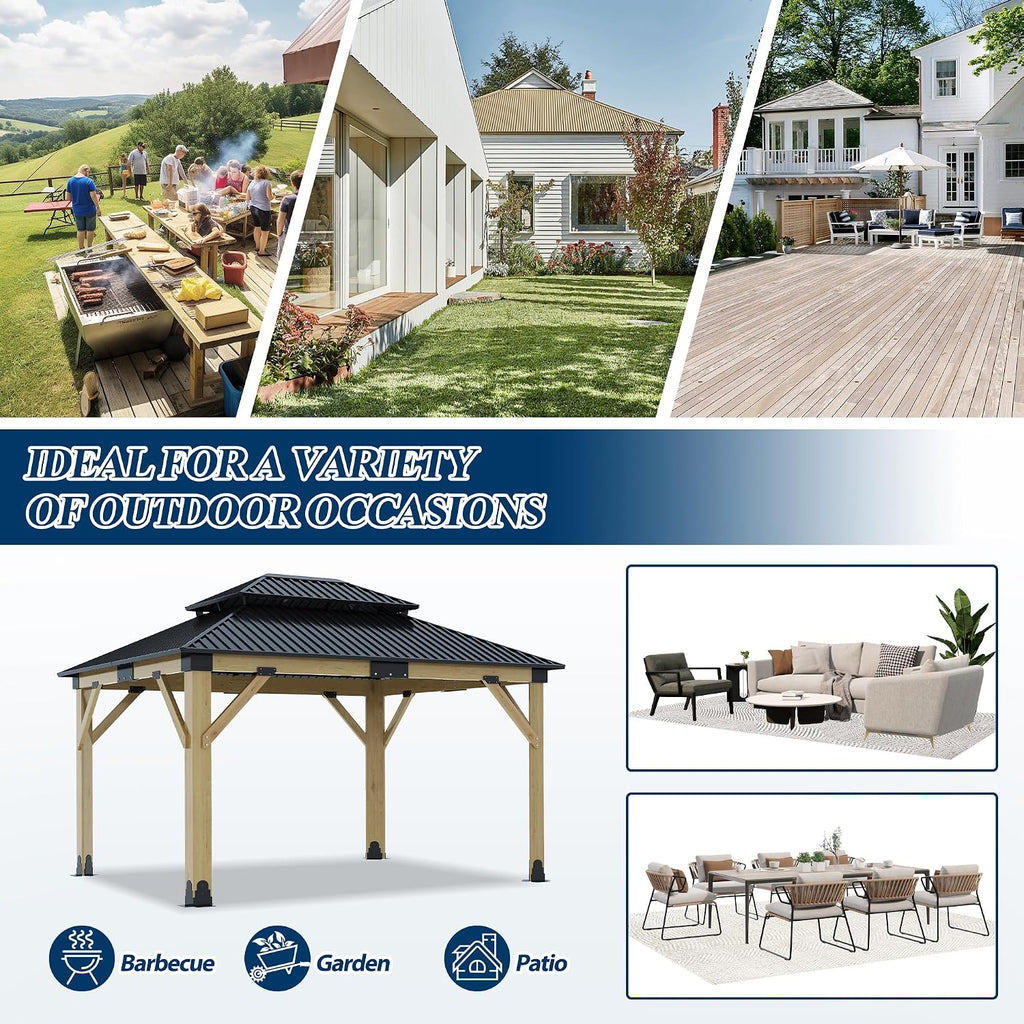 COVERONICS 11FT x 13FT Outdoor Wooden Gazebo - Patio Wood Frame Gazebo with Galvanized Steel Hardtop, Heavy-Duty Hardtop Gazebos for Garden, Poolside, Deck, Backyard