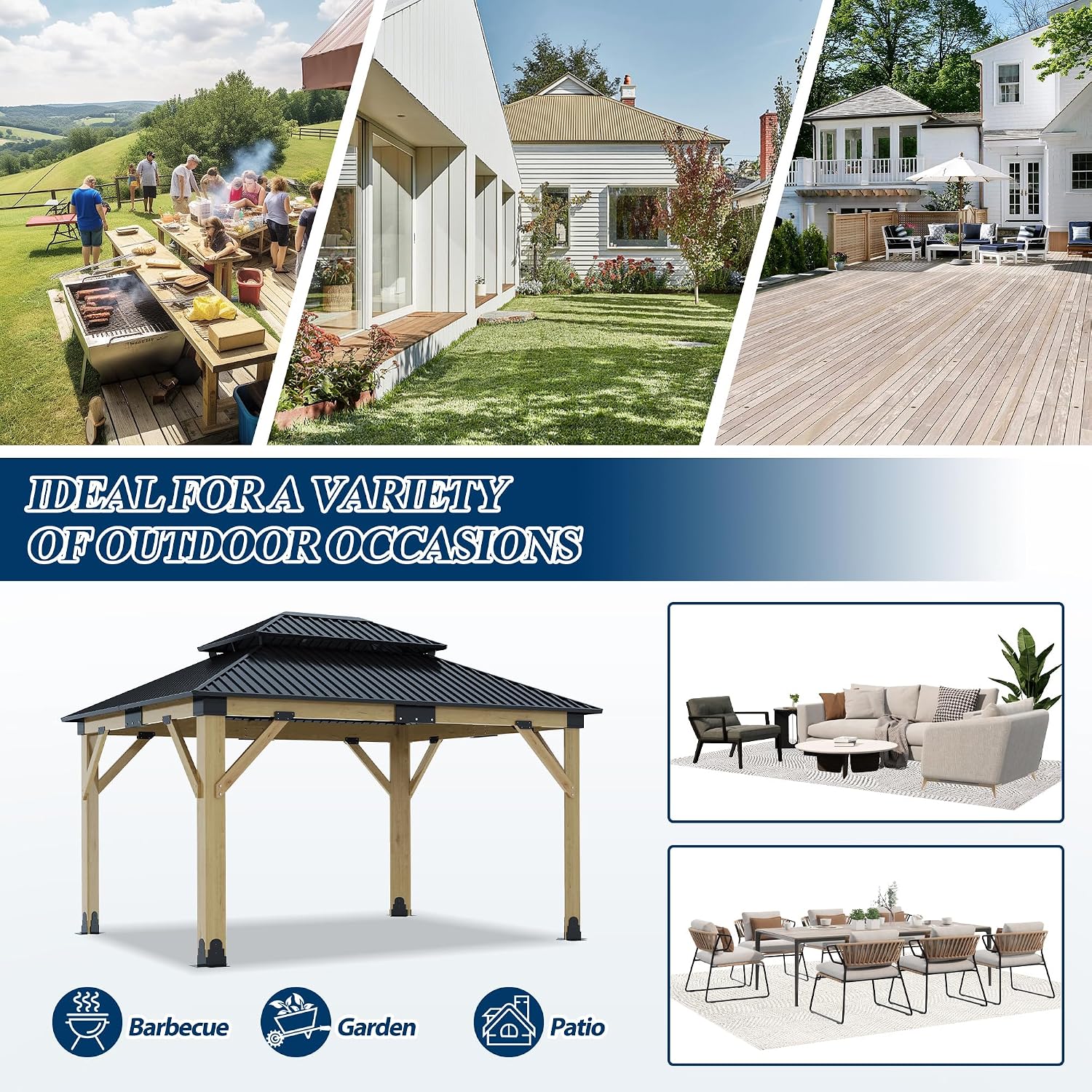 COVERONICS 11FT x 13FT Outdoor Wooden Gazebo - Patio Wood Frame Gazebo with Galvanized Steel Hardtop, Heavy-Duty Hardtop Gazebos for Garden, Poolside, Deck, Backyard