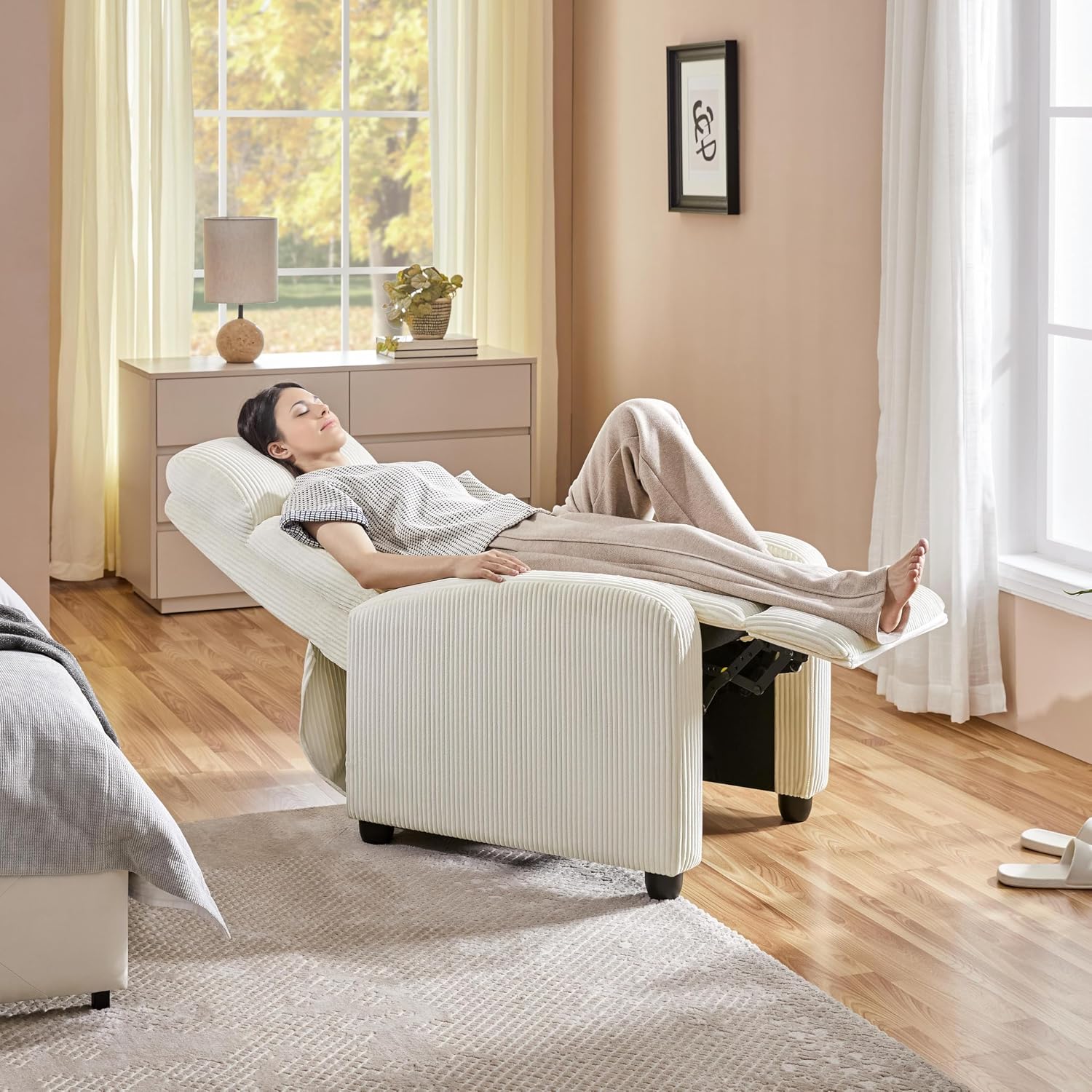 Yaheetech 2-Seat Corduroy Pushback Recliner Chair Living Room Chair with Thick Seat Cushion and Backrest Reclining Chair for Living Room Beige