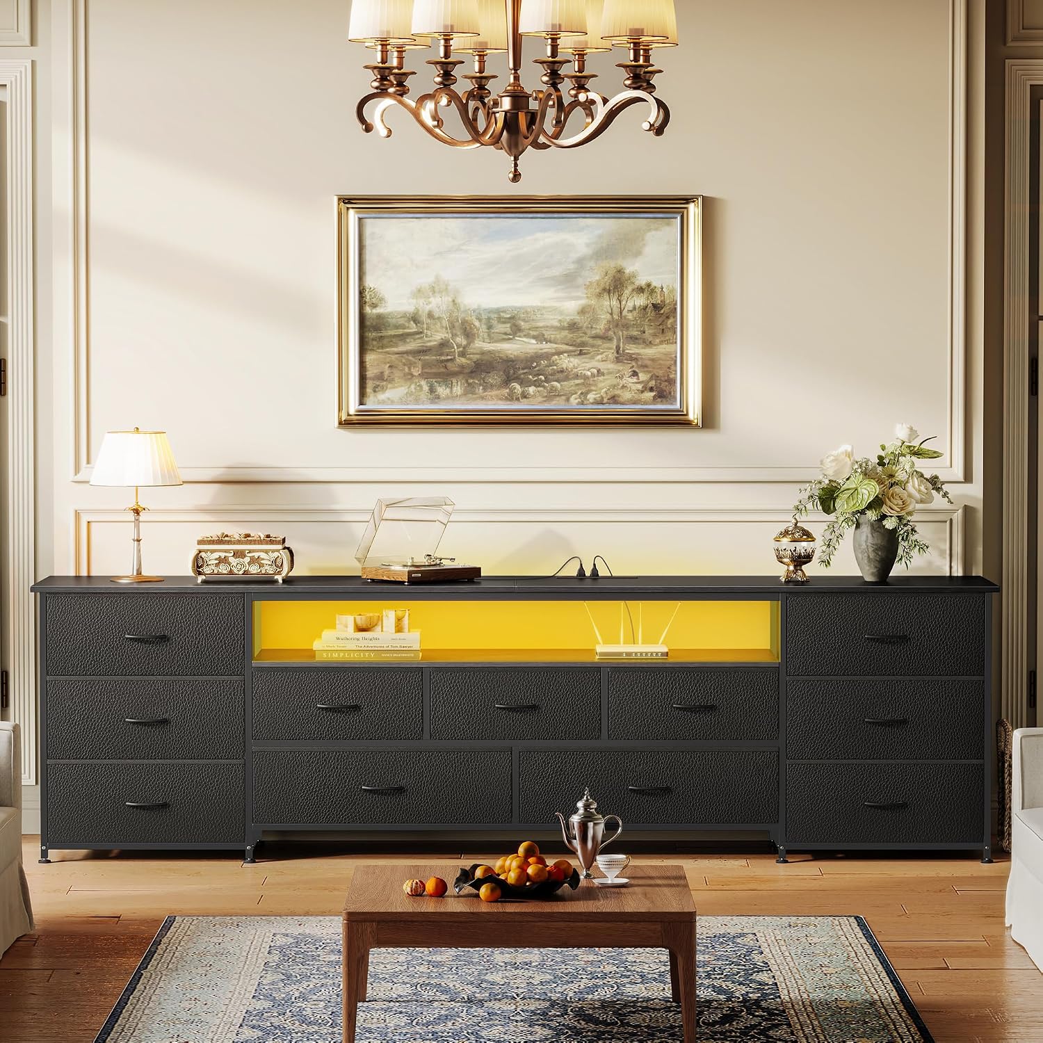 Huuger 78.7 Inch TV Stand for 75, 80 Inch TV, 11 Drawer Long Dresser with Power Outlets and LED Lights, Entertainment Center with Storage, Black Dresser with PU Leather Surface