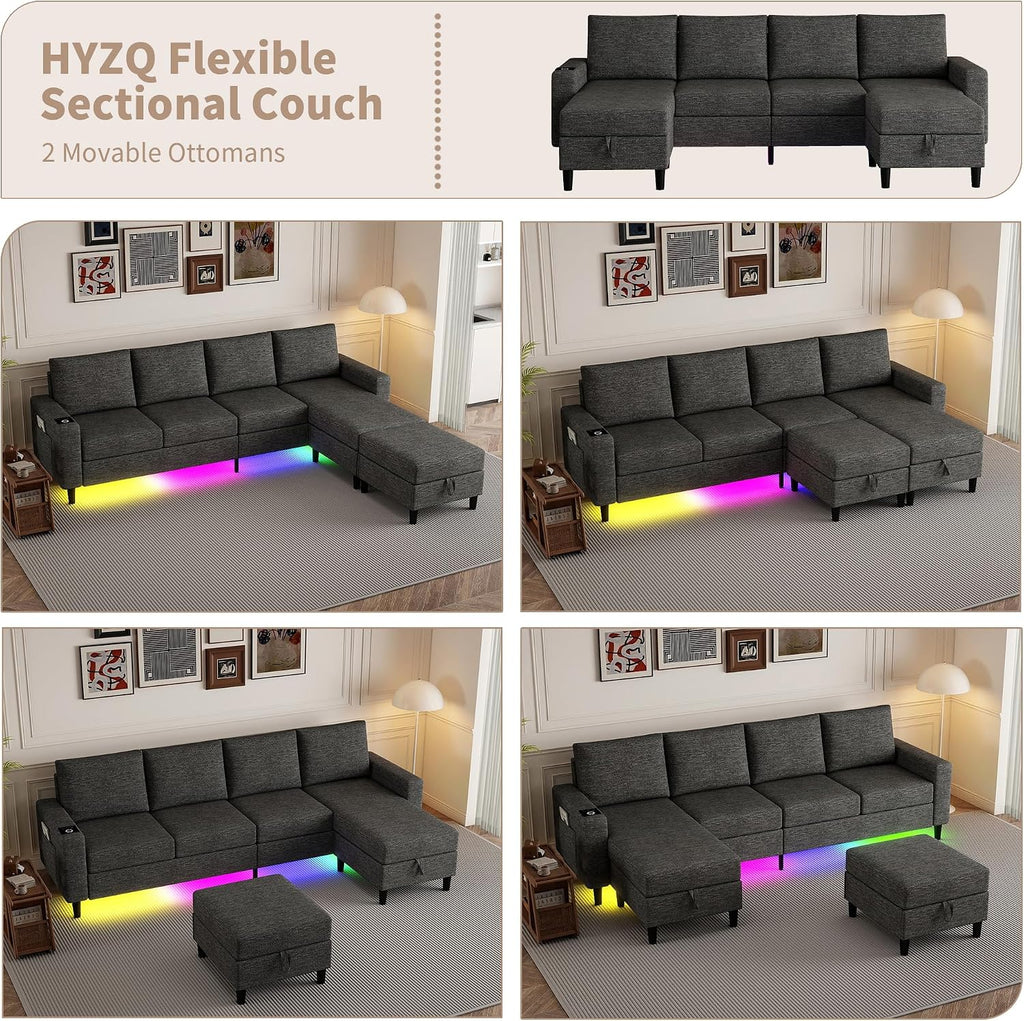Sectional Couches for Living Room, 4 Seat Sectional Sofa with Smart Module-Wireless Charging/USB/Type-C/RGB Light, U Shaped Couch with Reversible Chaise Lounge/Storage Ottoman (Dark Grey)