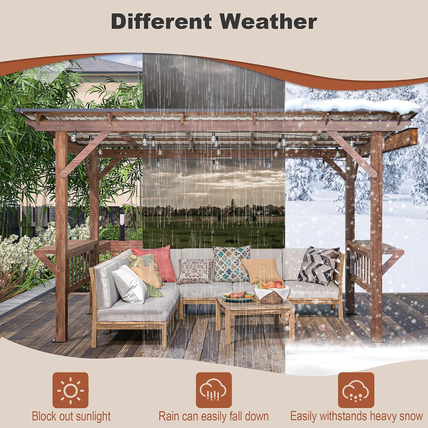 13'x 6.5' Wooden Pergola Grill Gazebo, Hardtop Gazebo with Metal Roof & Bulbs & Bar Counters, Spacious Shade for Outdoor BBQ, Patio Backyard Poolside