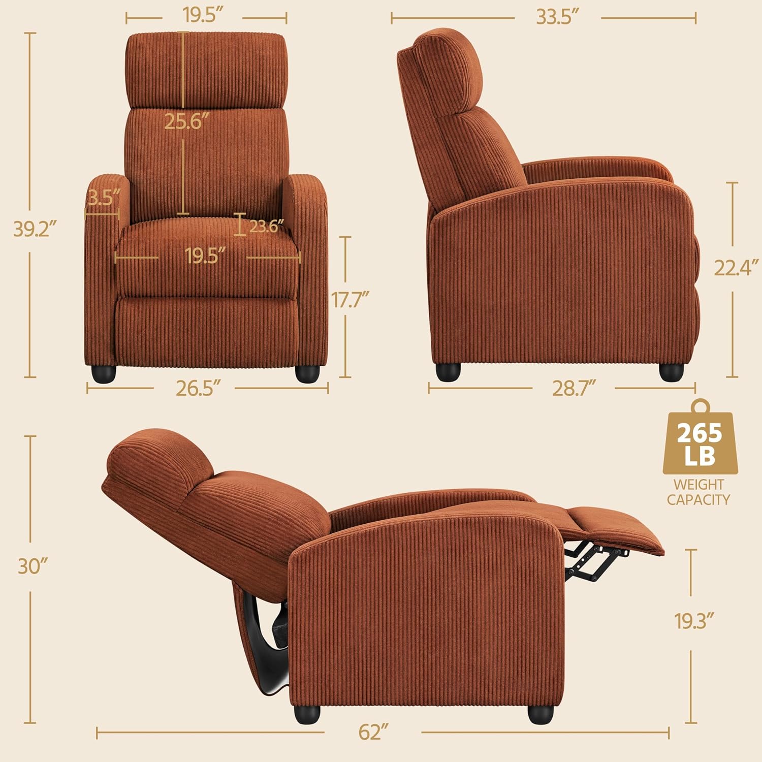 Yaheetech 2-Seat Corduroy Pushback Recliner Chair Living Room Chair with Thick Seat Cushion and Backrest Reclining Chair for Living Room Brick Red
