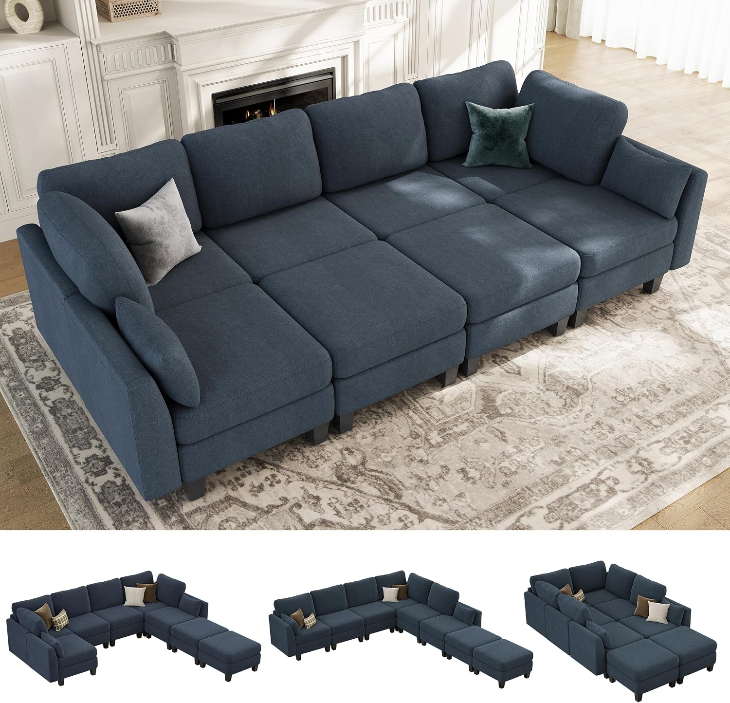 Sectional Sleeper Sofa, 8 Seaters Modular Sleeper Sofa Couch, Comfy Sectionals Couches Bed, Convertible Sofas with Ottomans, Modular Sectional Couches for Living Room, Blue