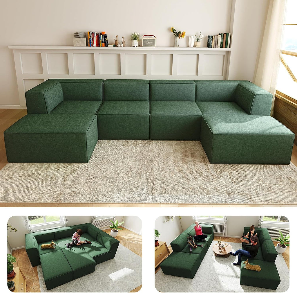 136' 6-Piece Sectional Sofa Modular Couches,L-U-Shaped with Chaise,for Living Room,Compressed Foam No Assembly,for Living Room (2xArmless Corner Ottoman) Fabric Chenille Green
