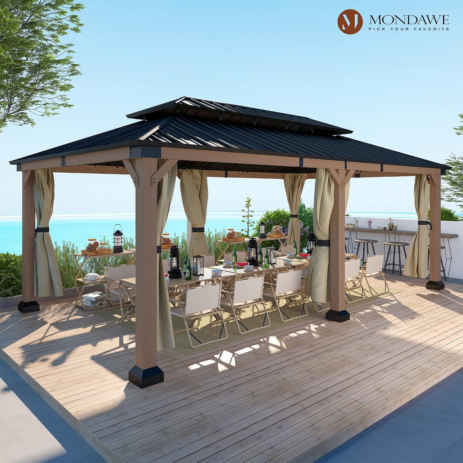 Cedar Wood Gazebo 12x20Ft Hardtop Gazebo with Curtains, Outdoor Permanent Gazebo Pergola with Galvanized Steel Double Roof Pavilion for Patio Lawn Garden