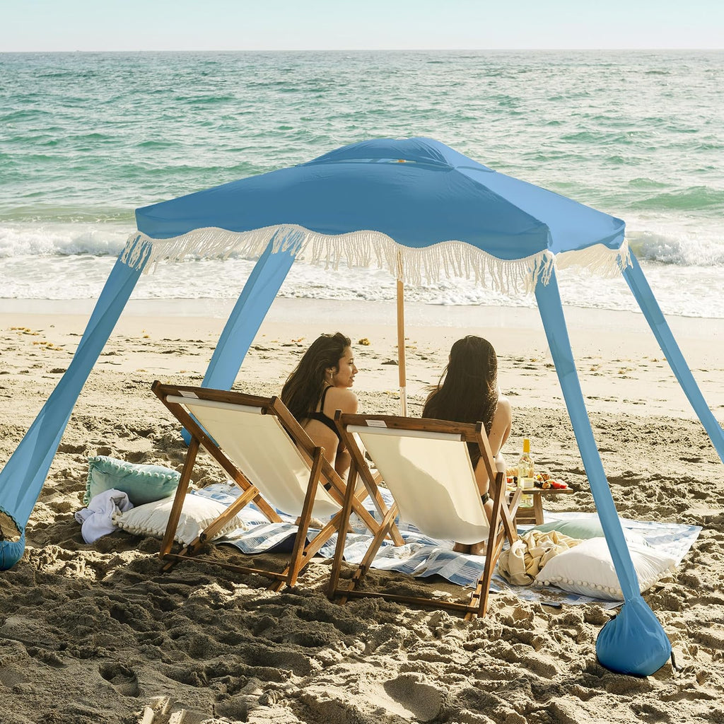 AMMSUN Beach Cabana with Fringe, 7' x 7' Boho Beach Canopy with Tassels, Easy Set up & Premium Wood Pole, Cabana Tent with Sand Pockets, Instant Sun Shade for Sand, Garden, Patio, Blue