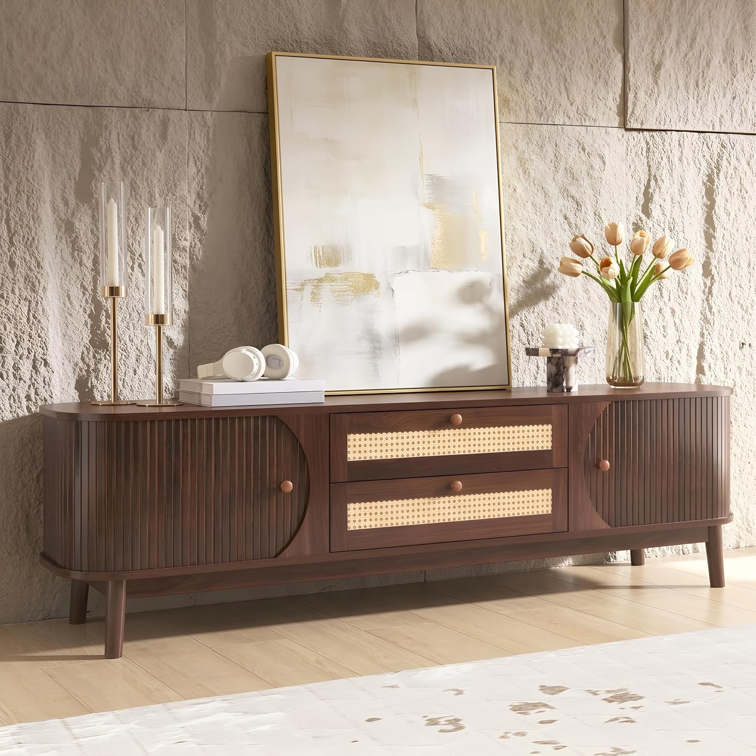 Merax Modern Fluted TV Stand for 75' TVs, Mid-Century Entertainment Center Tambour Door Media Console TV Cabinet with Rattan-Front Drawer for Living Room, Curved Profile Design