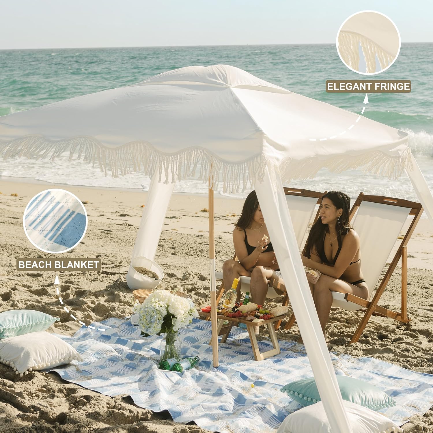 AMMSUN Beach Cabana with Beach Blanket, 7' x 7' Boho Canopy with Tassels, Premium Wood Pole, Fringe Cabana Tent with Sand Pockets, Instant Sun Shade for Sand, Garden, Outdoor, Elegant White