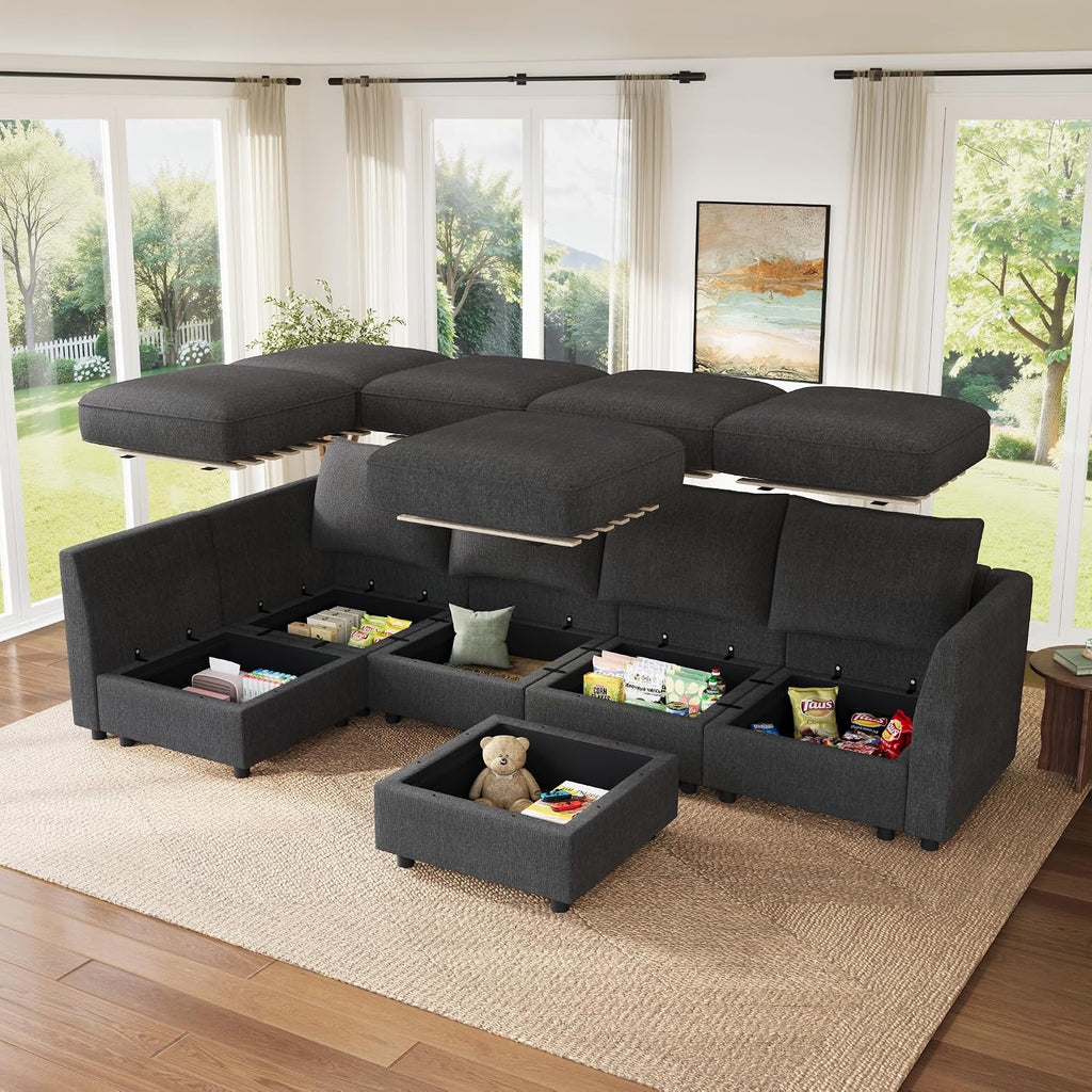 HONBAY Modular Sectional Sofa L Shaped Sectional Couch with Storage, Convertible Couches for Living Room - Snowflake Velvet Grey