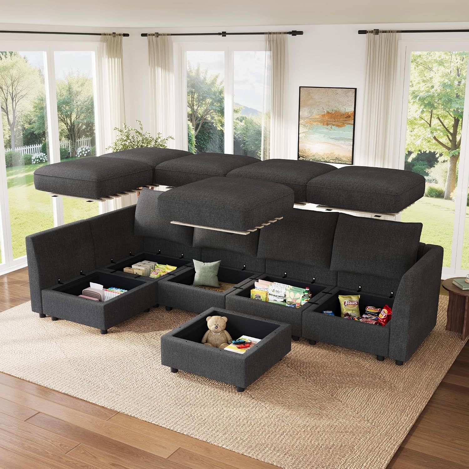 HONBAY Modular Sectional Sofa L Shaped Sectional Couch with Storage, Convertible Couches for Living Room - Snowflake Velvet Grey