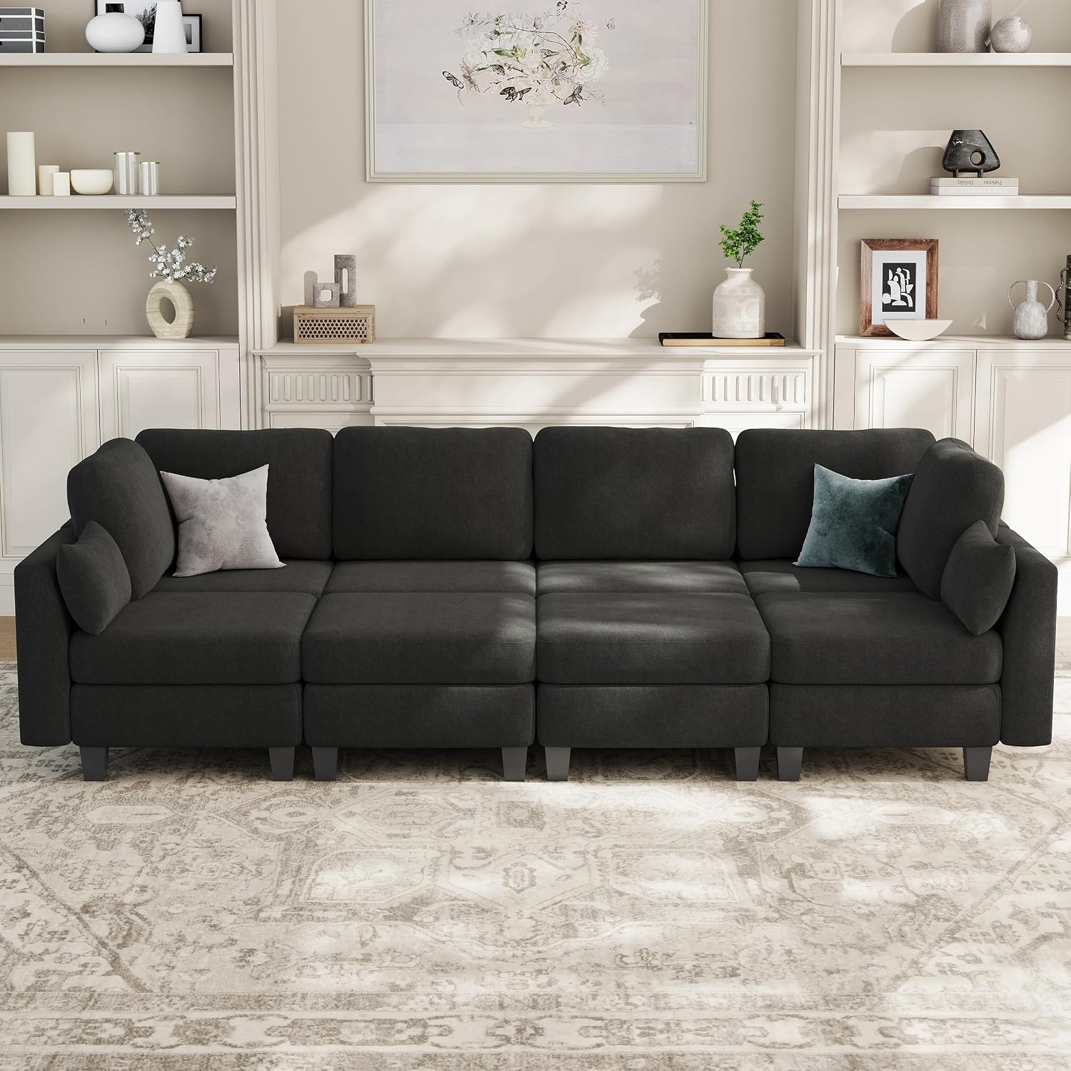 Sectional Sleeper Sofa, 8 Seaters Modular Sleeper Sofa Couch, Comfy Sectionals Couches Bed, Convertible Sofas with Ottomans, Modular Sectional Couches for Living Room, Dark Grey