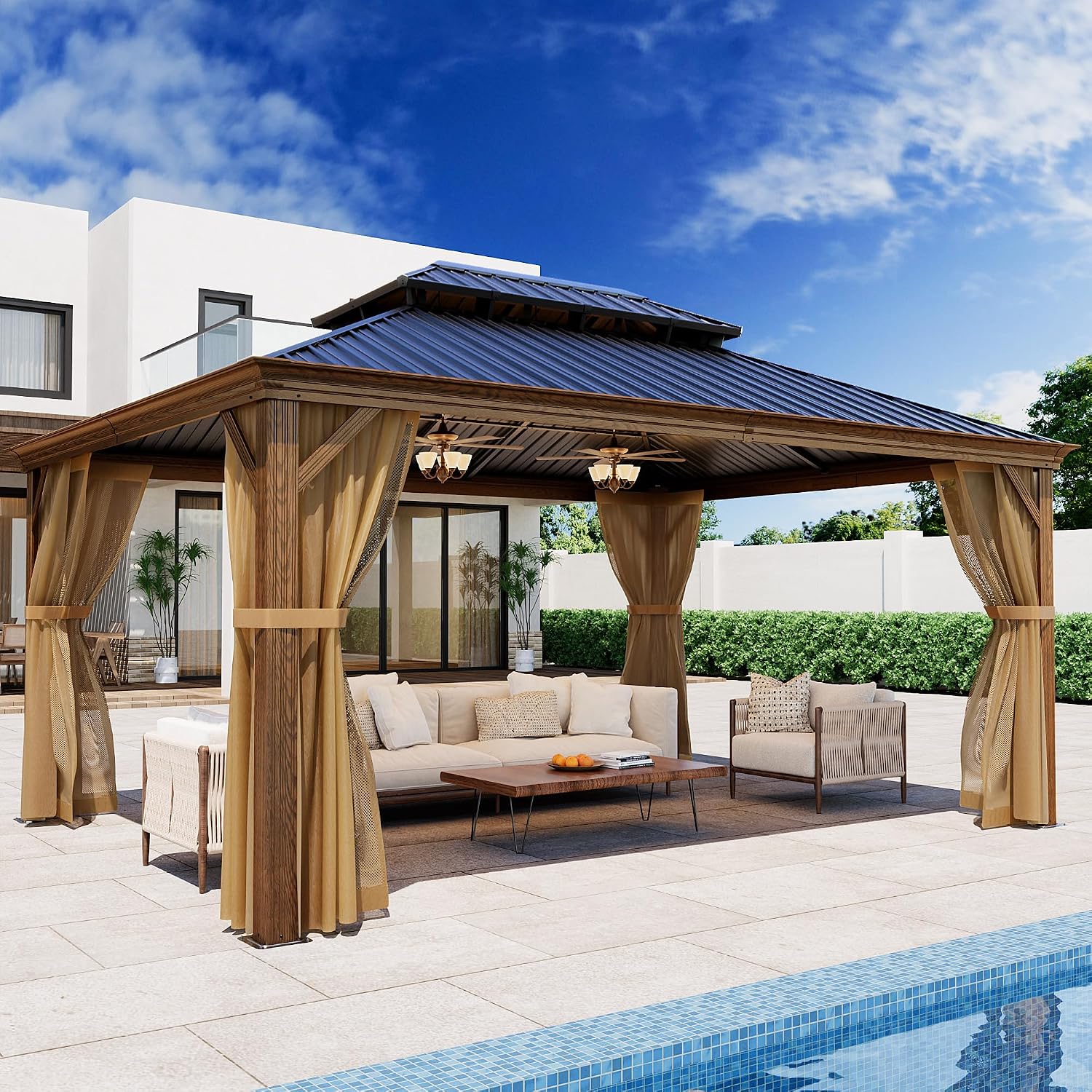 SUNBURY 12'x 16' Hardtop Gazebo, Outdoor Metal Gazebo with Double Roofs, Outdoor Aluminum Canopy with Woodgrain Steel Columns and Mosquito Netting for Patio, Backyard, Garden, Deck (Black Walnut)