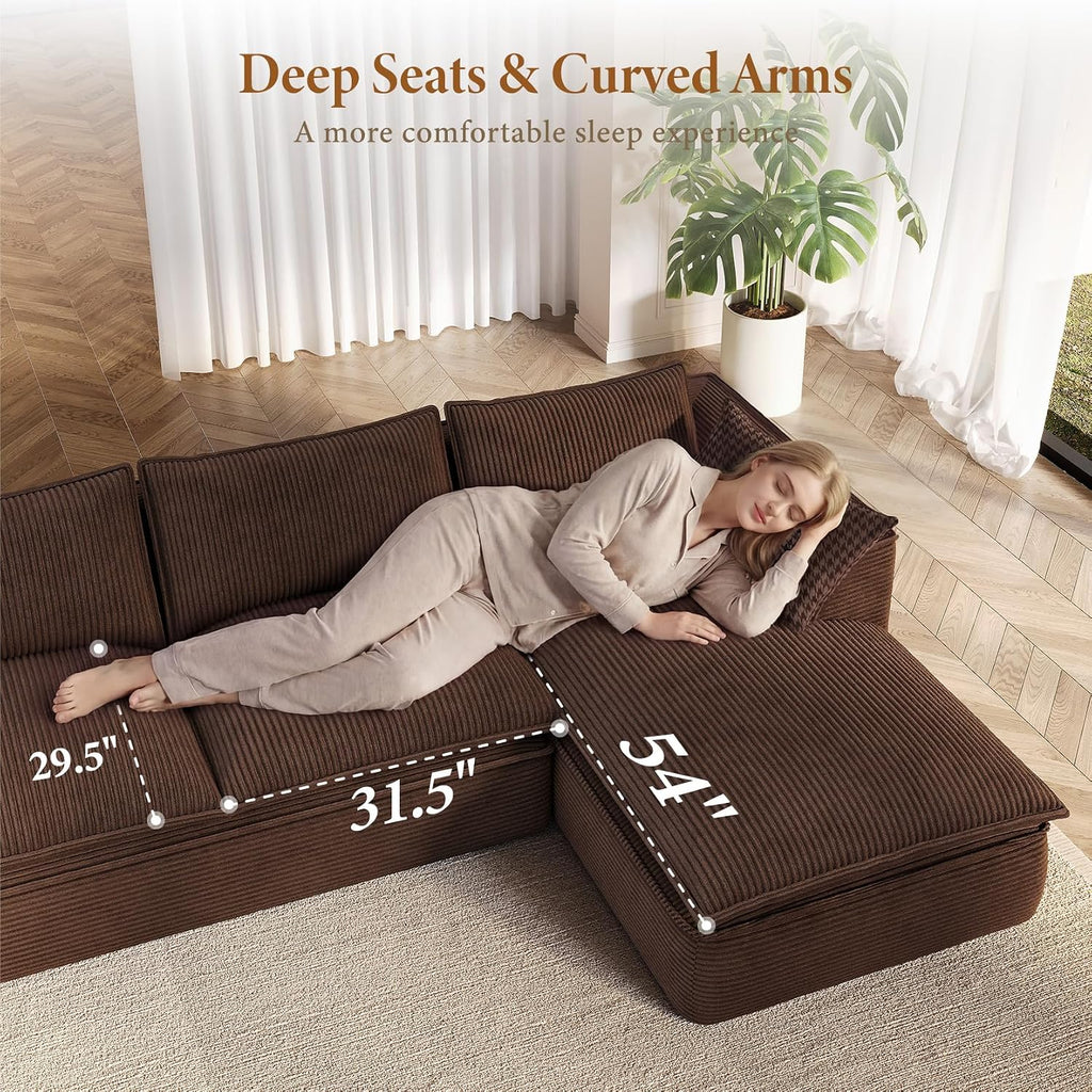 Vesgantti 141.7' U Shaped Boneless Sectional Couch, Modern 6 Seater Modular Sofa with Chaise & Ottoman, Deep Seat Corduroy Cloud Couches for Living Room, No Assembly Required, Dark Brown