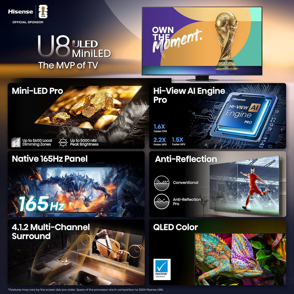Hisense 85' Class U8 Mini-LED ULED 4K UHD Google Smart TV (85U8QG, 2025 Model) - QLED, Native 165Hz, VRR 288, Up to LD5600, 5000 Nits, HDR10+, Dolby Vision IQ · Atmos, IMAX Enhanced, 4.1.2 Ch Audio