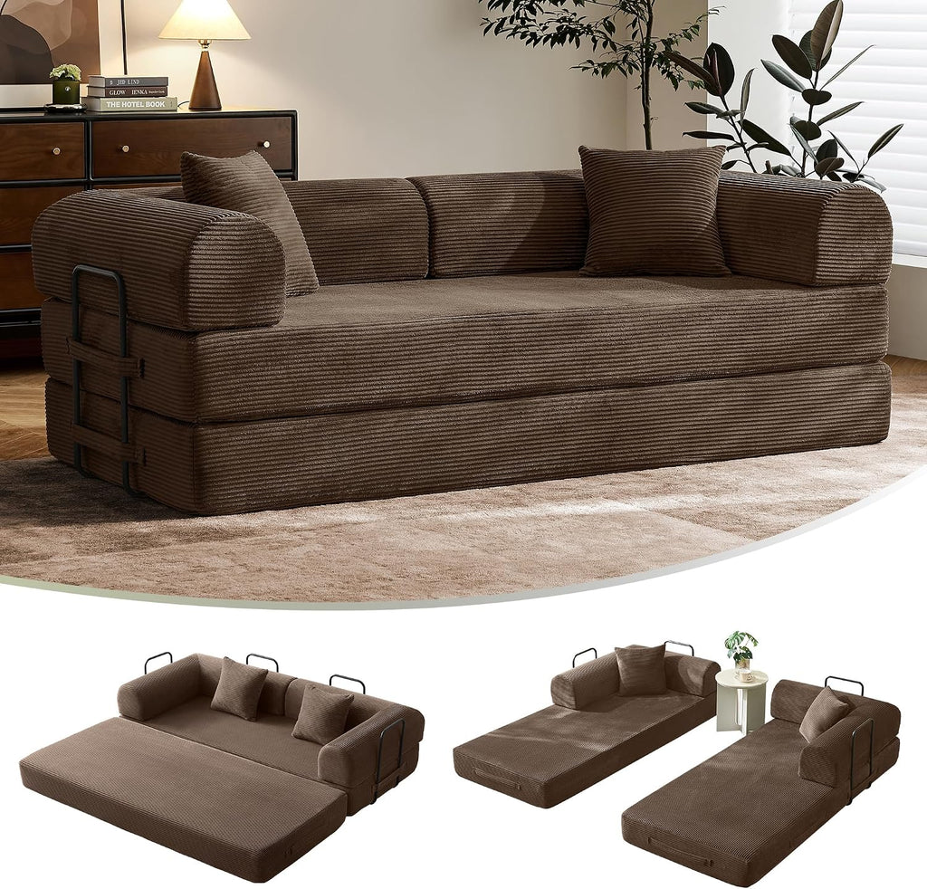 79' Convertible Sofa Bed with Fixed-Shape Frame & Removable Armrests, Modular Corduroy Sleeper Sofa, Folding Mattress Couch for Small Spaces - No Assembly Needed in Brown (Includes 2 Pillows)