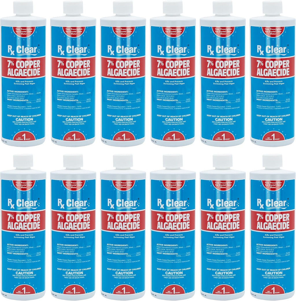 Rx Clear 7% Copper Algaecide | Kills and Prevents Algae for In-Ground and Above Ground Swimming Pools | Safe Formula for Swimmers | One Quart Bottles | 12 Pack