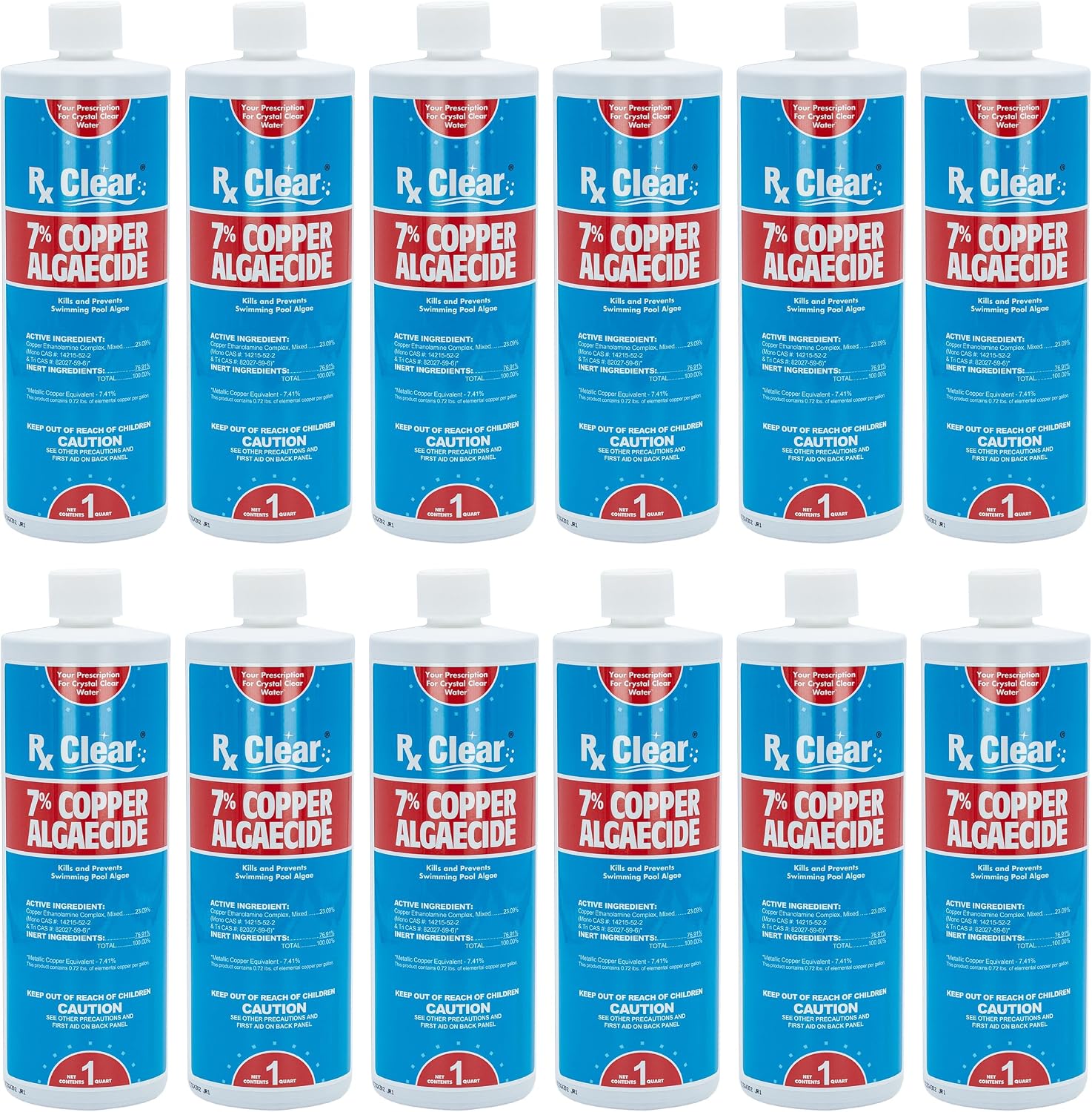Rx Clear 7% Copper Algaecide | Kills and Prevents Algae for In-Ground and Above Ground Swimming Pools | Safe Formula for Swimmers | One Quart Bottles | 12 Pack