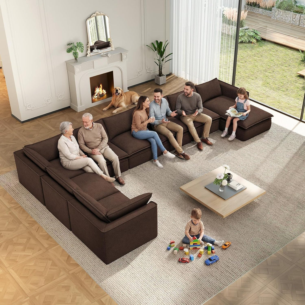 Vesgantti 141.7' U Shaped Boneless Sectional Couch, Modern 6 Seater Modular Sofa with Chaise & Ottoman, Deep Seat Corduroy Cloud Couches for Living Room, No Assembly Required, Dark Brown