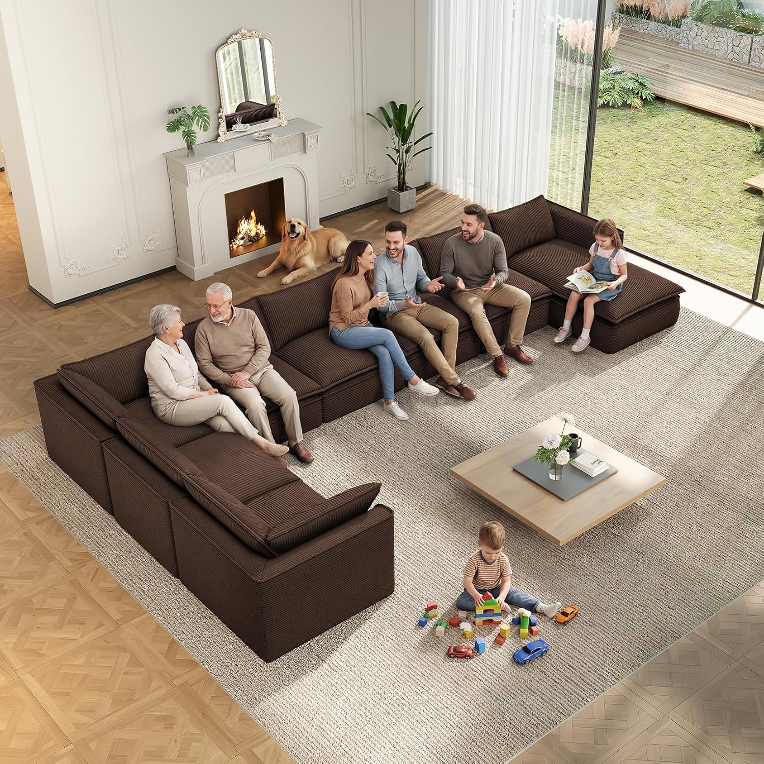 Vesgantti 141.7' U Shaped Boneless Sectional Couch, Modern 6 Seater Modular Sofa with Chaise & Ottoman, Deep Seat Corduroy Cloud Couches for Living Room, No Assembly Required, Dark Brown