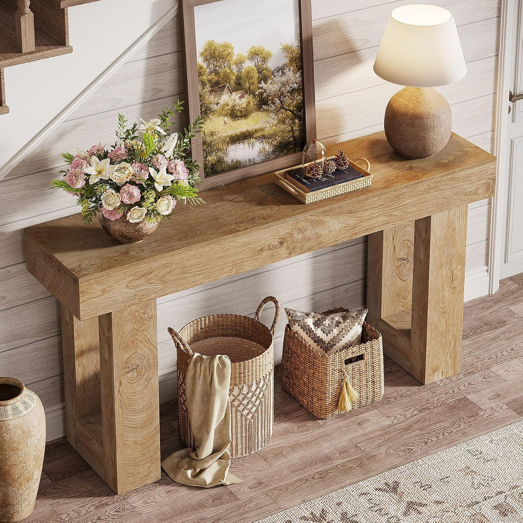 Tribesigns 63' Farmhouse Console Table, Natural Wooden Sofa Table Rectangular Accent Console for Entryway, Hallway & Living Room (Natural)