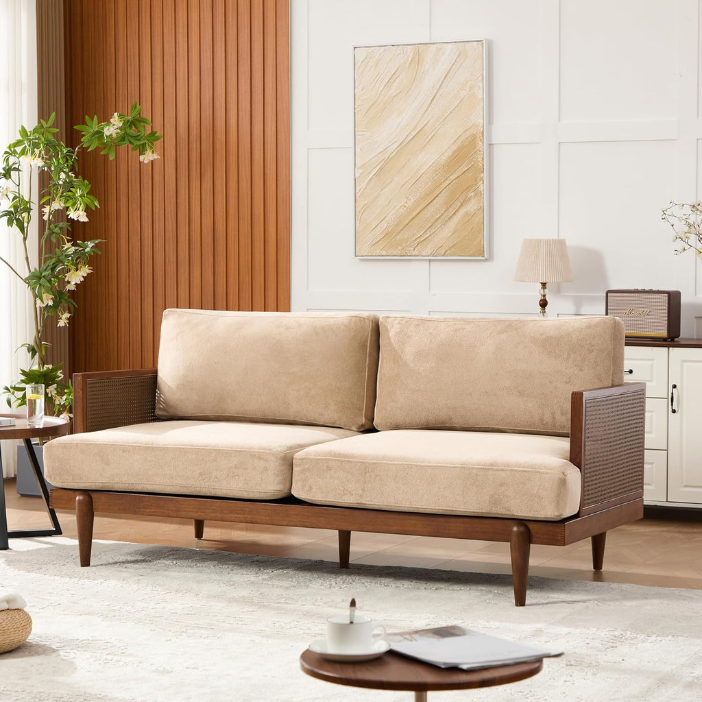 Christopher Knight Home Emir 3 Seater Sofa with Cushion, Sofa Chair with Cane Rattan and Wooden Frame, Spacious Seating Couch for Living Room/Bedrooms, Modern Slat Panel Sofa Couch, Walnut + Camel