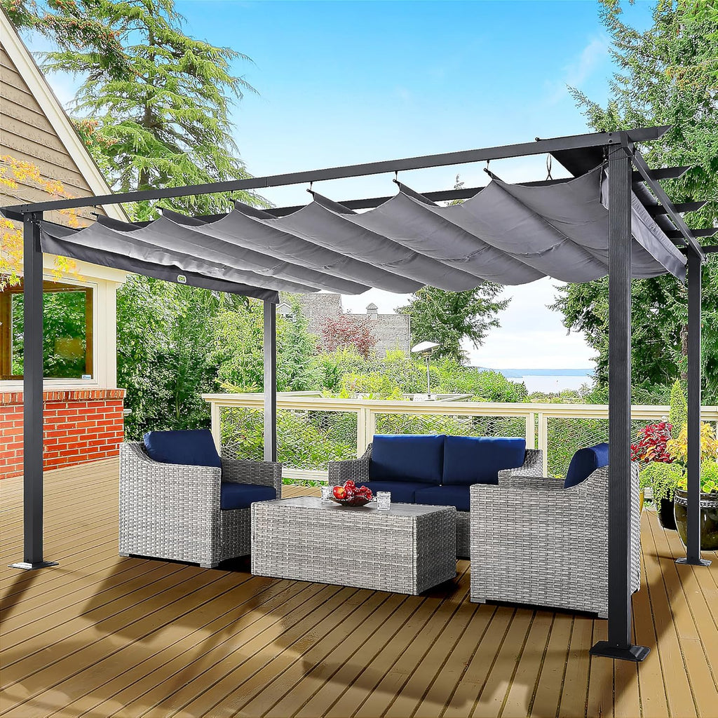 HAPPATIO 10' X 13' Outdoor Retractable Pergola Canopy for Deck, Backyard, Patio, Aluminum Pergola with Sun Canopy, Includes Ground Studs and Expansion Screws (Grey)