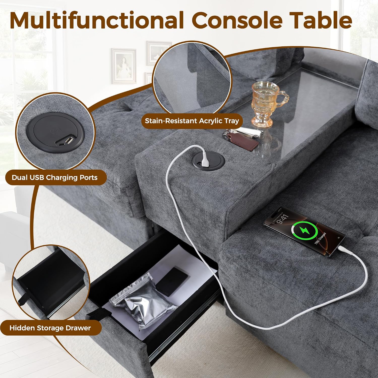 103'' Modular Sectional Sofa couch with 2 Acrylic Consoles, Oversized U Shaped Couch with USB Charger, Storage Drawers,Pockets and Movable Ottoman, Chenille Sectional Couches for Living Room ,Gray
