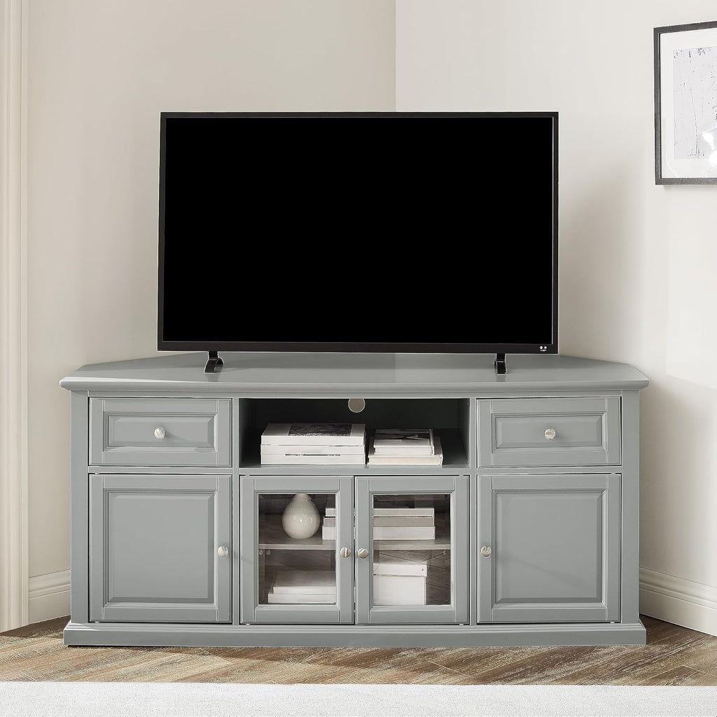 Crosley Furniture Corner TV Stand for 65+ inch TVs, Entertainment Center with Adjustable Storage Shelves, Gray