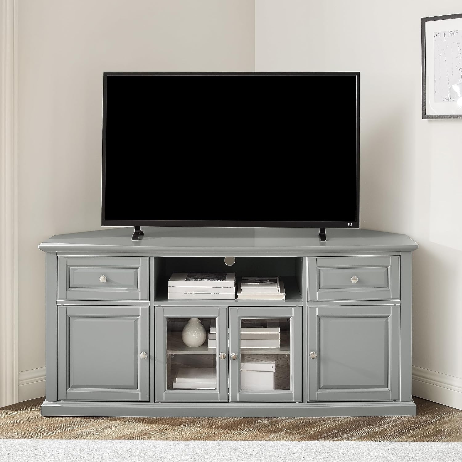Crosley Furniture Corner TV Stand for 65+ inch TVs, Entertainment Center with Adjustable Storage Shelves, Gray