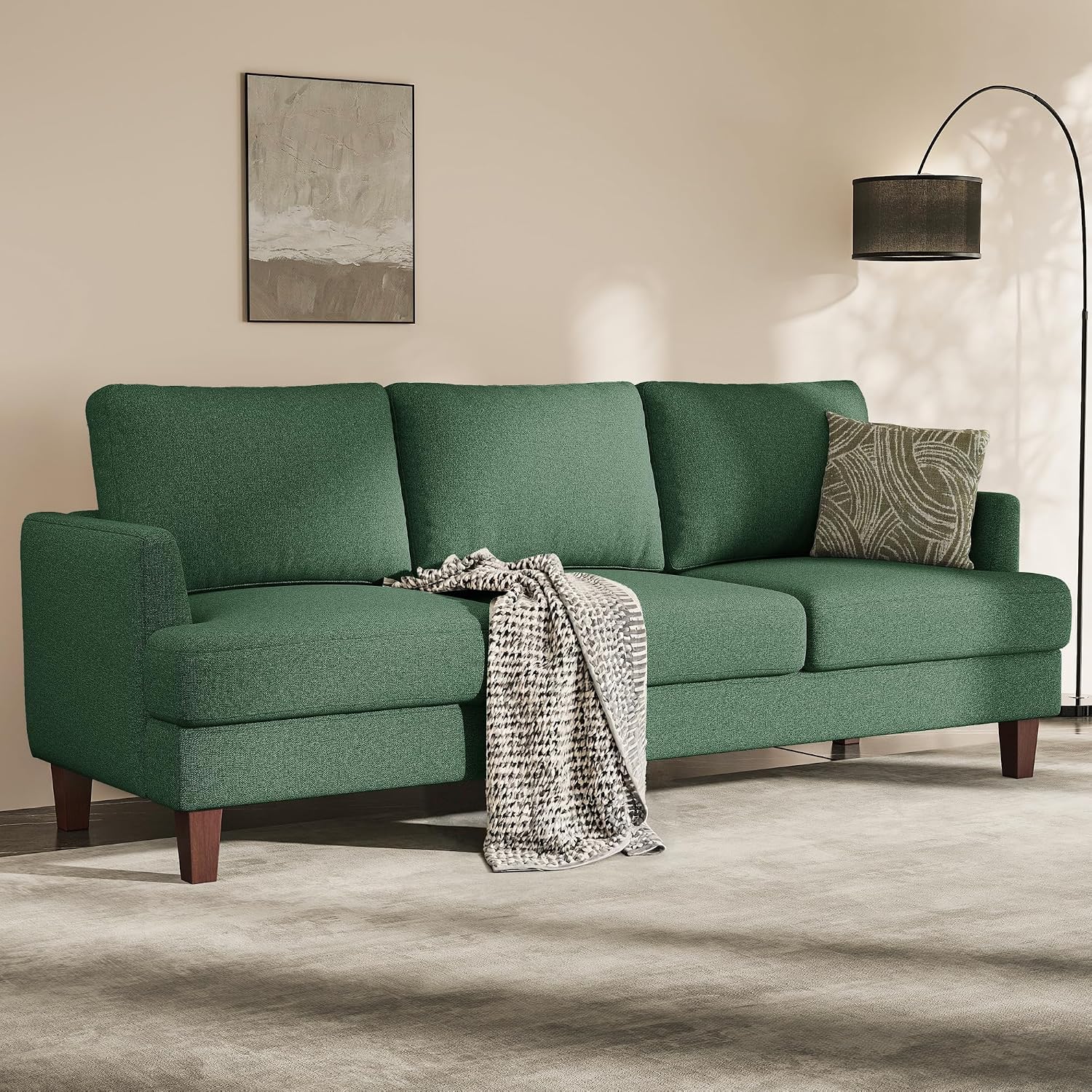 Busaurus Green 3 Seater Mid Century Modern Sofa, 89' Upholstered Couch with Deep Seats, Armrests, Comfy Furniture for Living Room