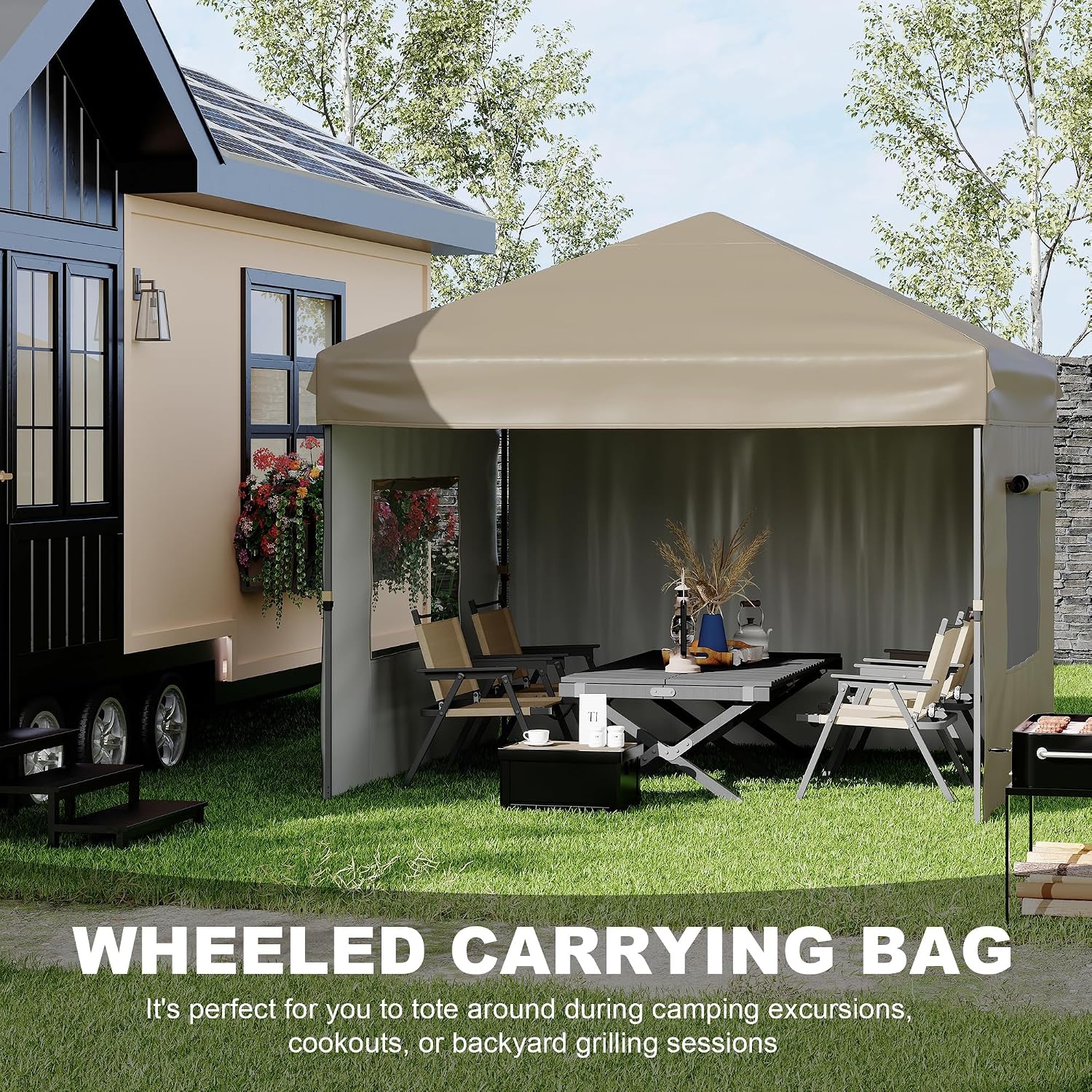 10'X10' Pop Up Canopy Tent with 3 Sidewalls, Beach Tent with One Push Setup, Outdoor Sun Shade for Parties, Camping, UPF 50+ All Weather Waterproof, with Weight Bags & Wheeled Carry Bag