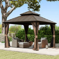 Domi 10'x10' Hardtop Gazebo, Outdoor Metal Gazebo with Galvanized Steel Double Roof, Curtains & Netting, Permanent Pavilion for Patio, Backyard, Party, Outdoor Dining, Brown