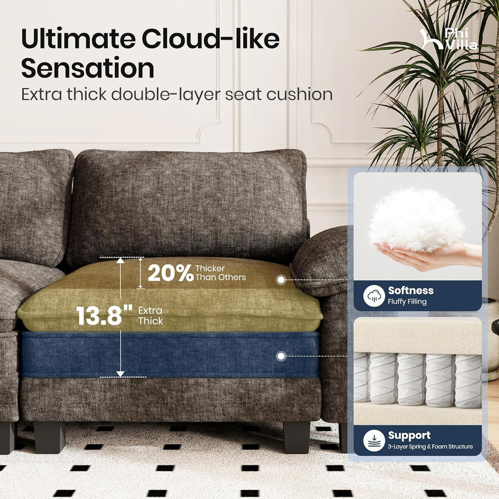 PHI VILLA Cloud Modular Couches Sets, 2 Pieces Sectional Sofa Set with Loveseat, 3-Seater Comfy Couch for Living Room Apartment, Chenille Fabric, Smoky Grey
