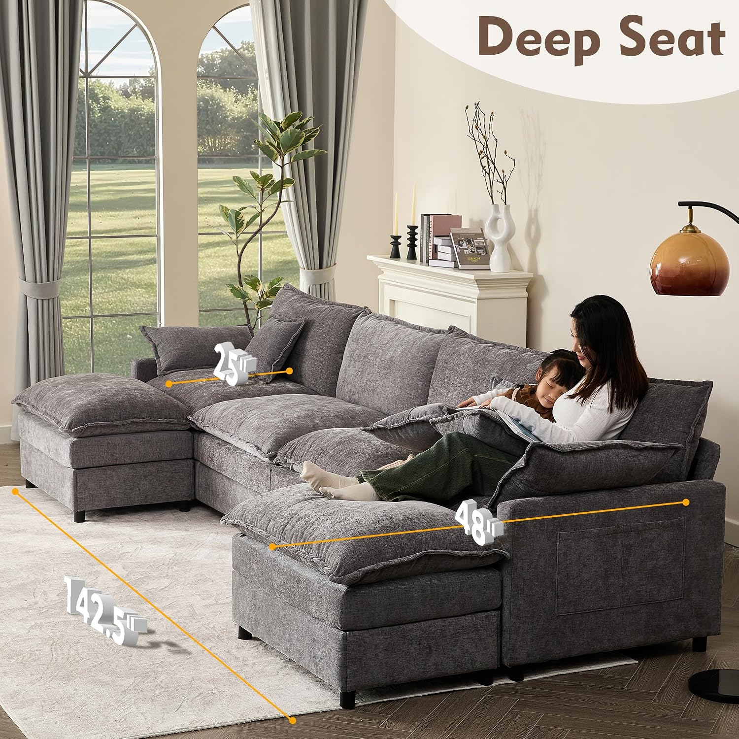 GOSUHI 142.5' U Shaped Couch, Modular Sectional Sofa, 3-Seater Comfy Cloud Couch, Set of Modular Pieces with Movable Ottoman, Deep Seat Couches for Living Room, Chenille, Slate